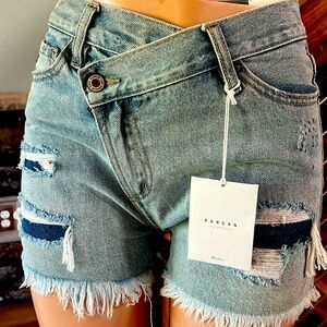 KANCAN crossover button , high rise jean shorts